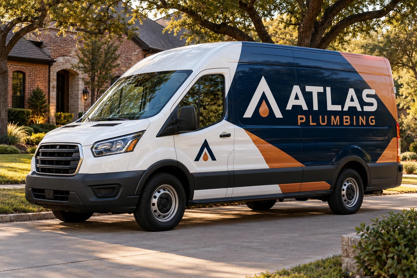 Illustrative Atlas Plumbing branded van beside a North Texas brick home