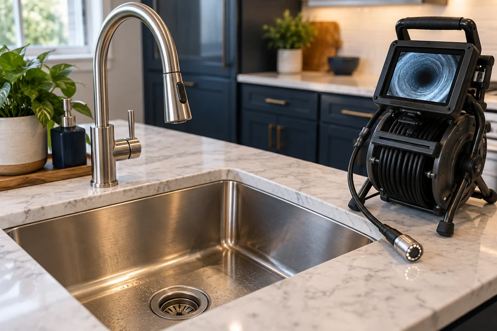 Illustrative drain inspection camera beside a kitchen sink