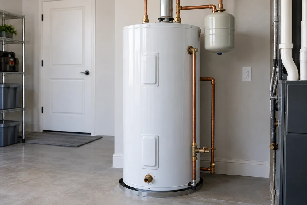 Illustrative residential storage water heater in a utility room