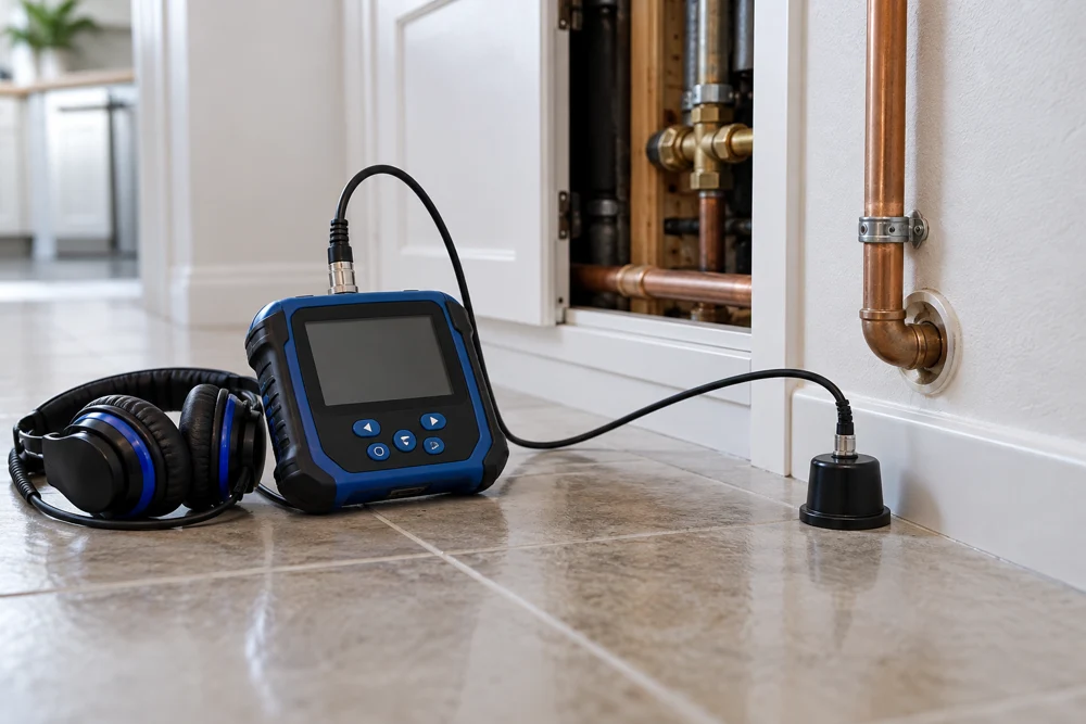 Illustrative acoustic leak detection equipment beside residential piping